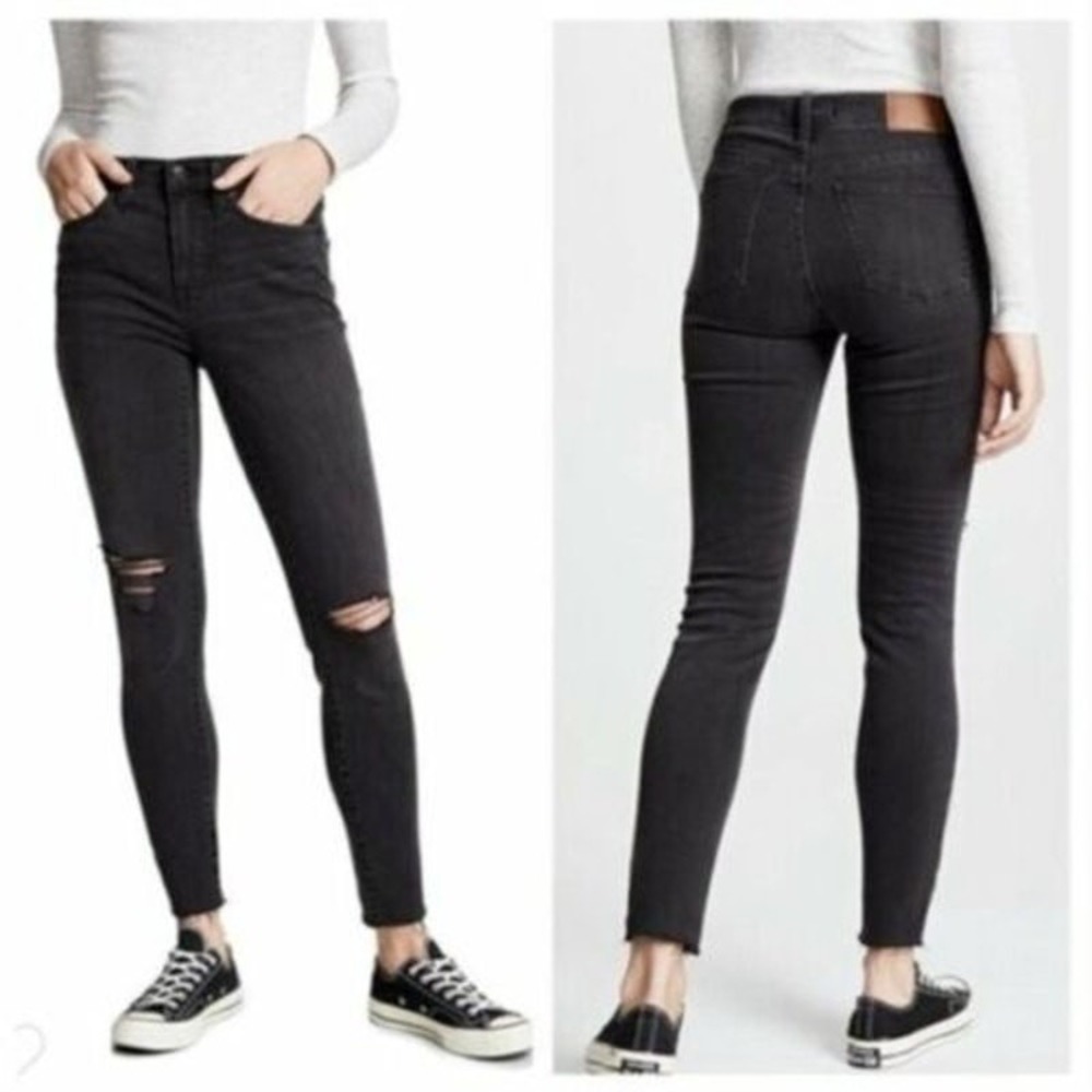 Madewell 9 Mid Rise Skinny Jeans Dark Wash Distressed Raw Hem Size 28